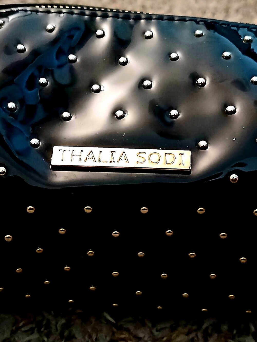 Thalia Sodi Black Studded Patent Clutch